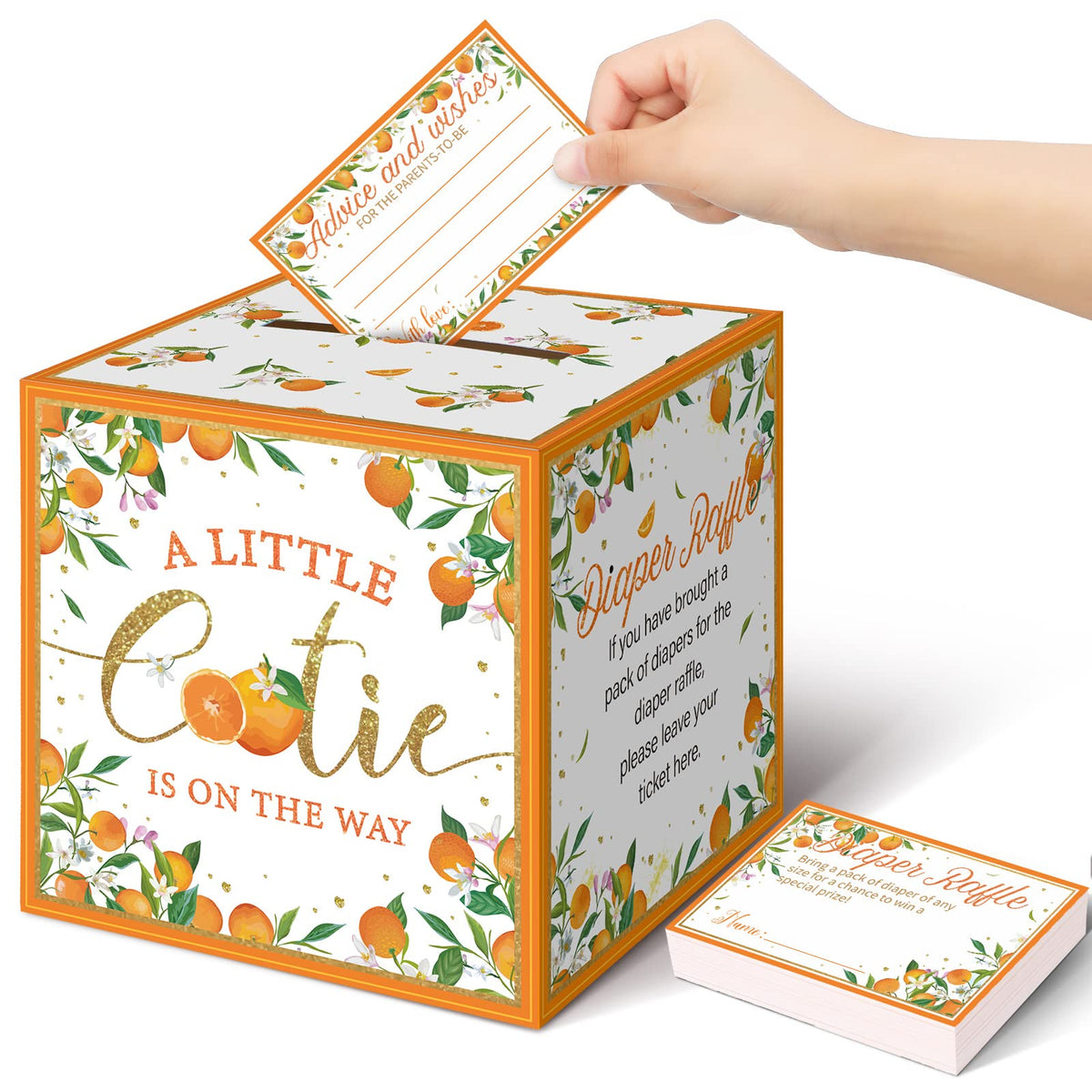 Teling Little Cutie raffle tickets packaging with orange accents for festive baby shower planning.