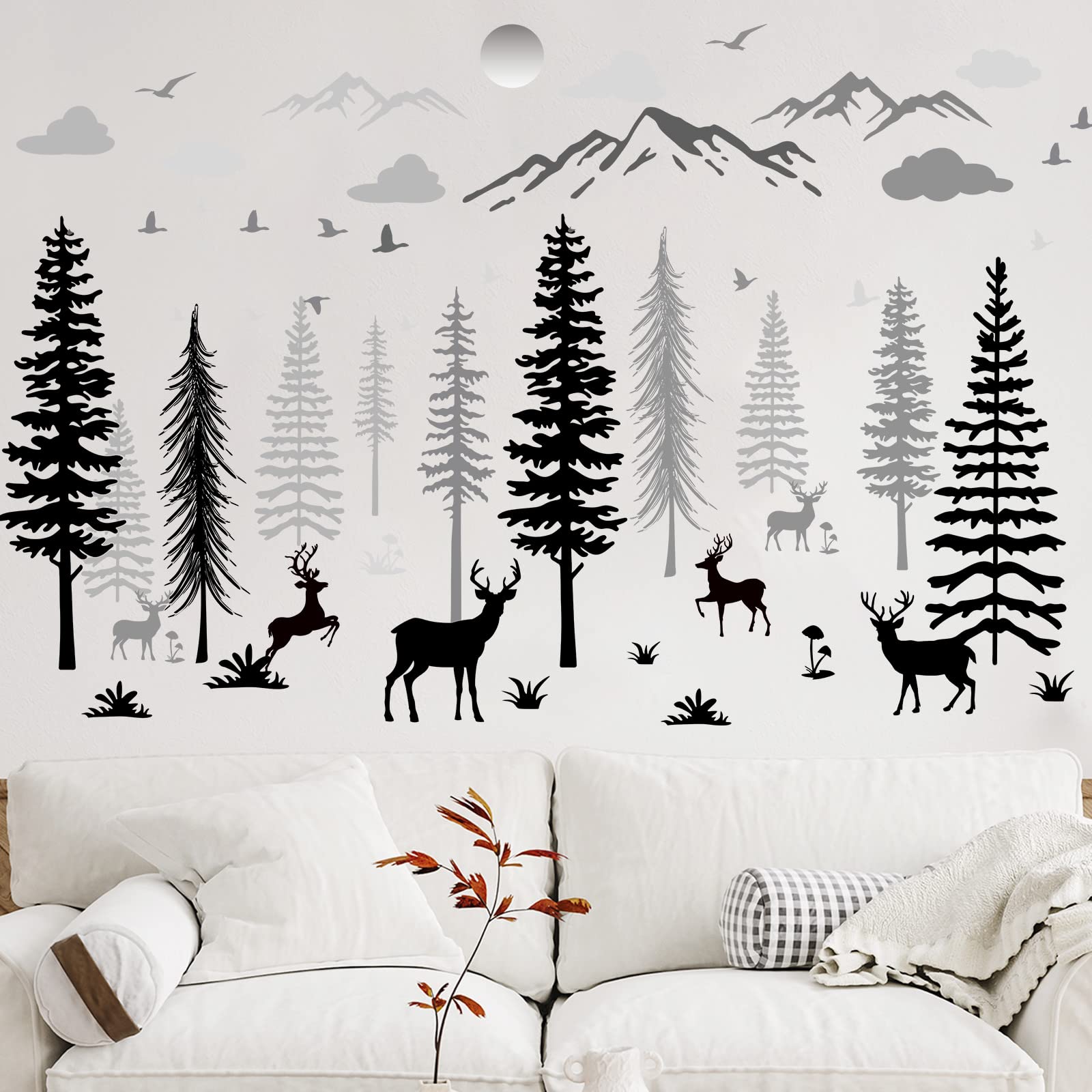 Teling wild forest wall stickers featuring deer and trees for cozy nursery decor.