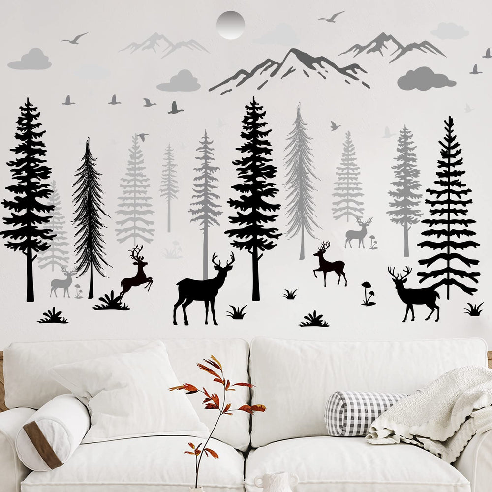 Teling wild forest wall stickers featuring deer and trees for cozy nursery decor.