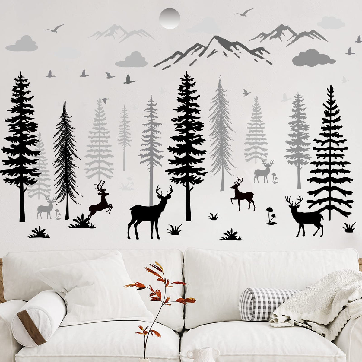 Teling wild forest wall stickers featuring deer and trees for cozy nursery decor.
