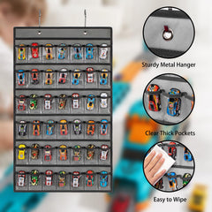 TEMUORG toy car storage organizer, front view showing clear pockets for quick access