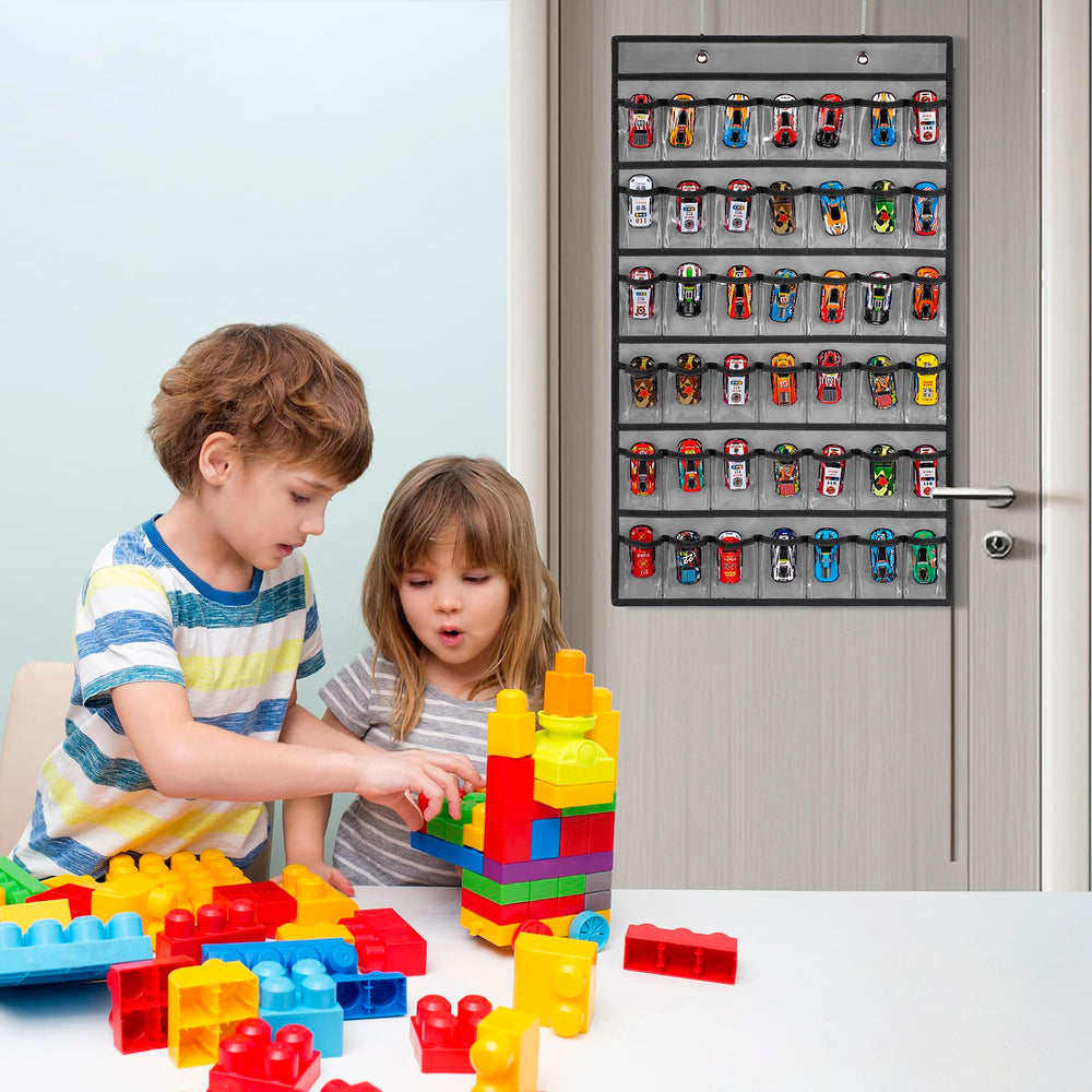 TEMUORG toy car storage organizer, hanging install with metal hooks over a door