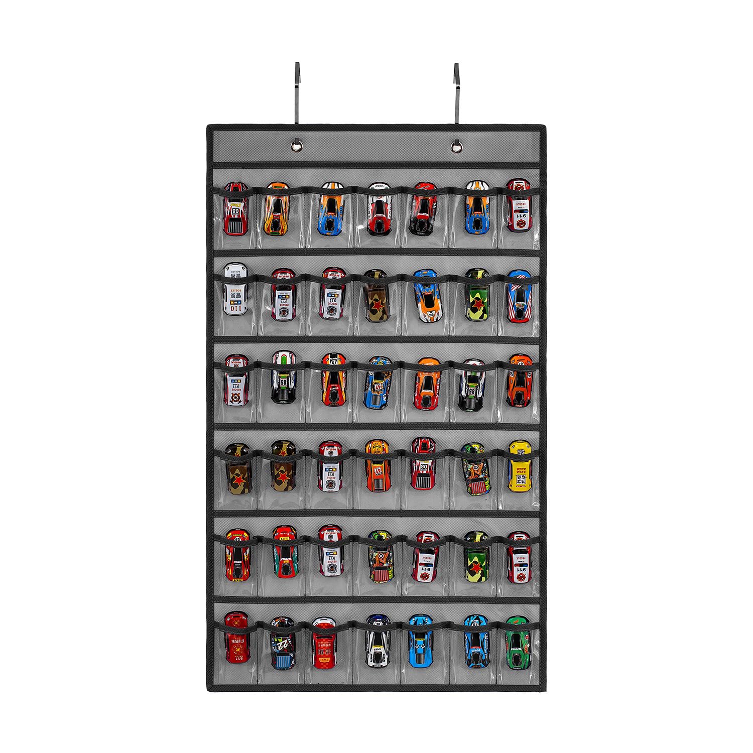 TEMUORG toy car storage organizer, overview: 28 inch length with 42 pockets for easy viewing