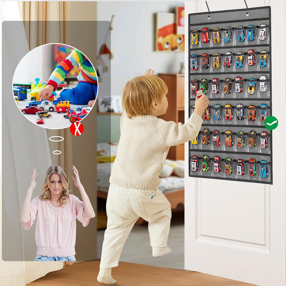TEMUORG toy car storage organizer, pocket detail highlighting 3.15 by 2.36 inch pockets