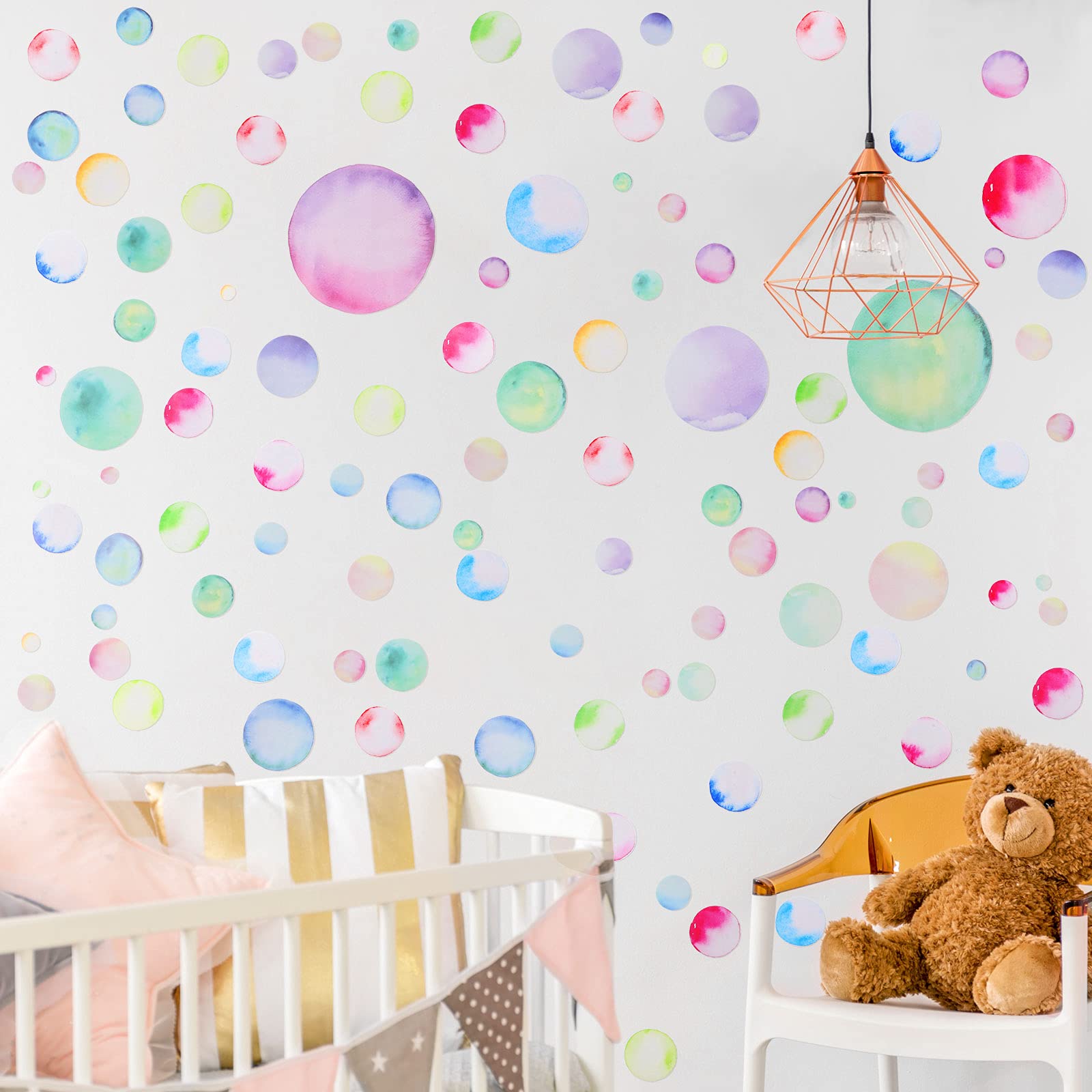 Tenare colorful circle decals add soft, cheerful ambiance to nurseries.