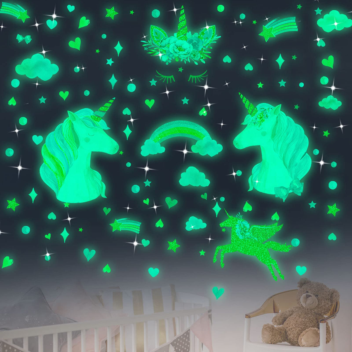 Tenare glow-in-the-dark unicorn stars sheets illuminate a child's ceiling at night.