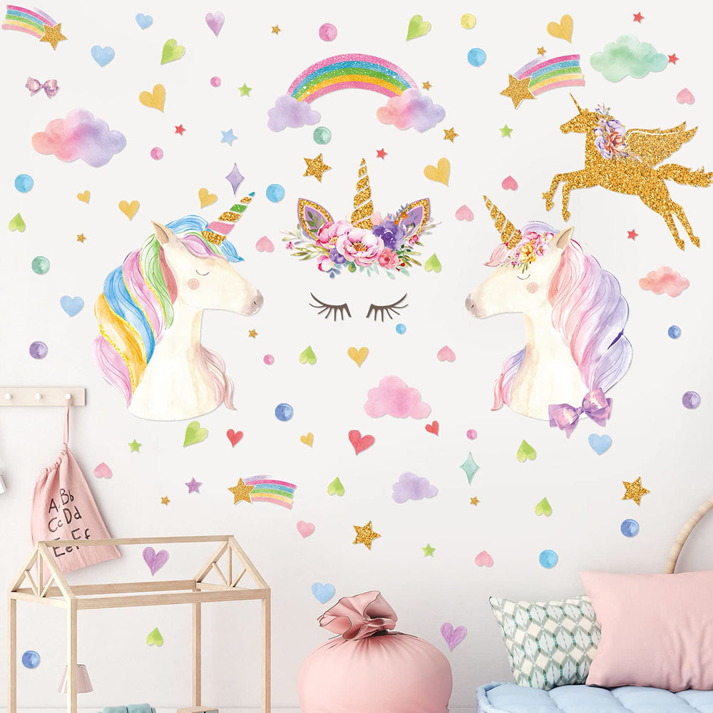 Tenare glowing unicorn stickers show daytime color and nighttime glow for a dreamy room.