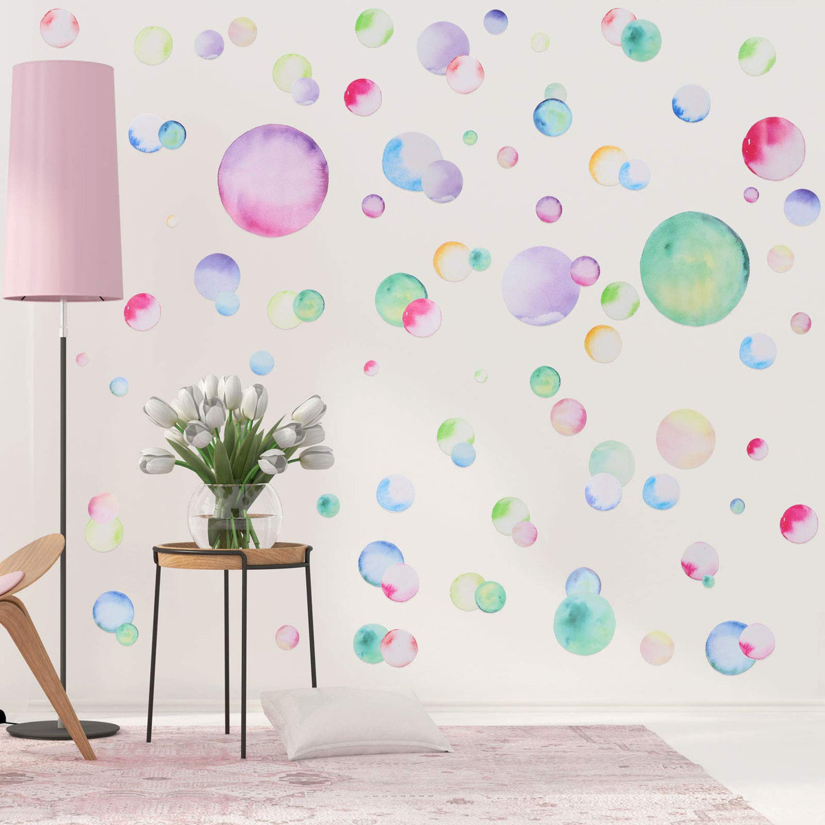 Tenare rainbow watercolor dots wall decal, large circles for vibrant playroom walls.