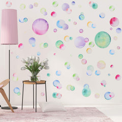 Tenare rainbow watercolor dots wall decal, large circles for vibrant playroom walls.