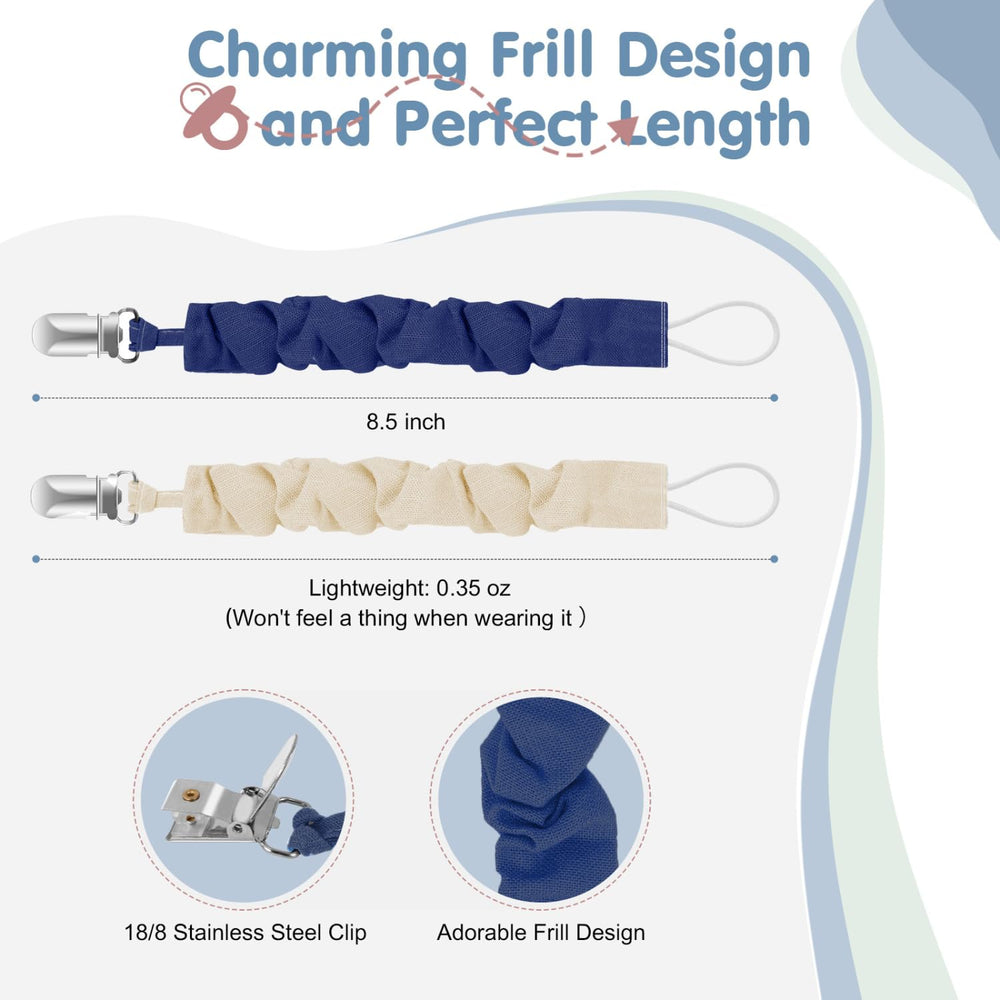 Tender Babe pacifier clip — stainless steel clip with plastic teeth for durable hold.