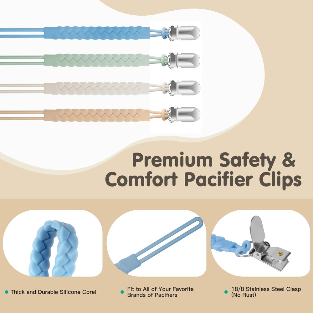 Tender Babe pacifier clip stainless steel clip detail emphasizes secure, rust-resistant fastening.