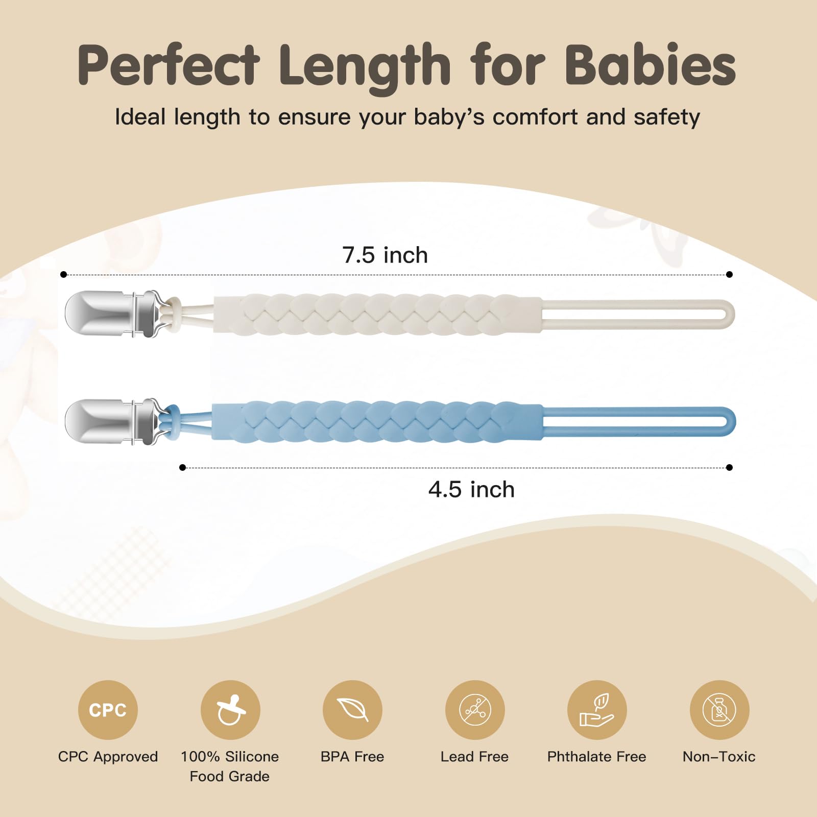 Tender Babe pacifier clip universal fit image shows compatibility with most brands.