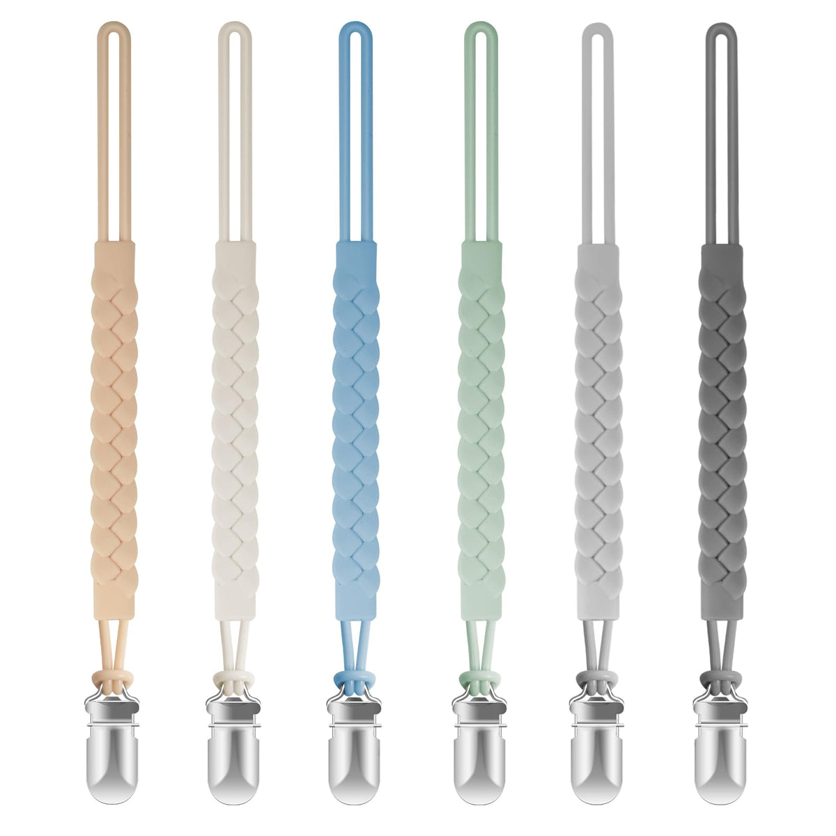 Tender Babe silicone pacifier clip woven rope closeup highlights safe, snag-free design.