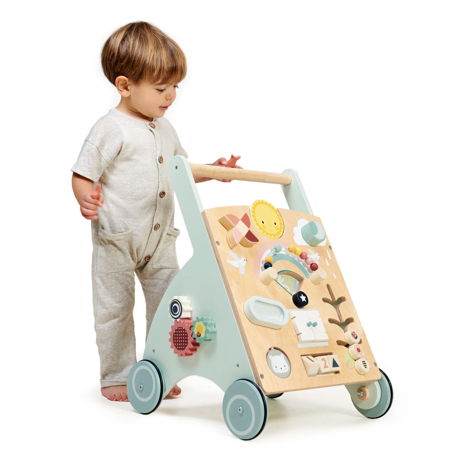 Tender Leaf Toys Sunshine Baby Activity Walker cogs engage fine motor skills.