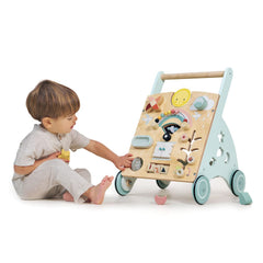 Tender Leaf Toys Sunshine Baby Activity Walker sun mirror stimulates visual exploration.