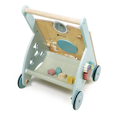 Tender Leaf Toys Sunshine Baby Activity Walker with canopy storage keeps toys organized.