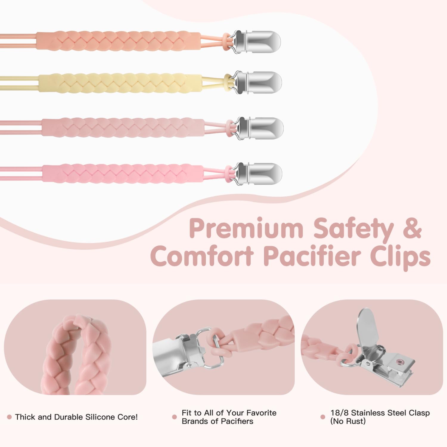 TenderBabe pacifier clip with stainless steel clip secures without snagging