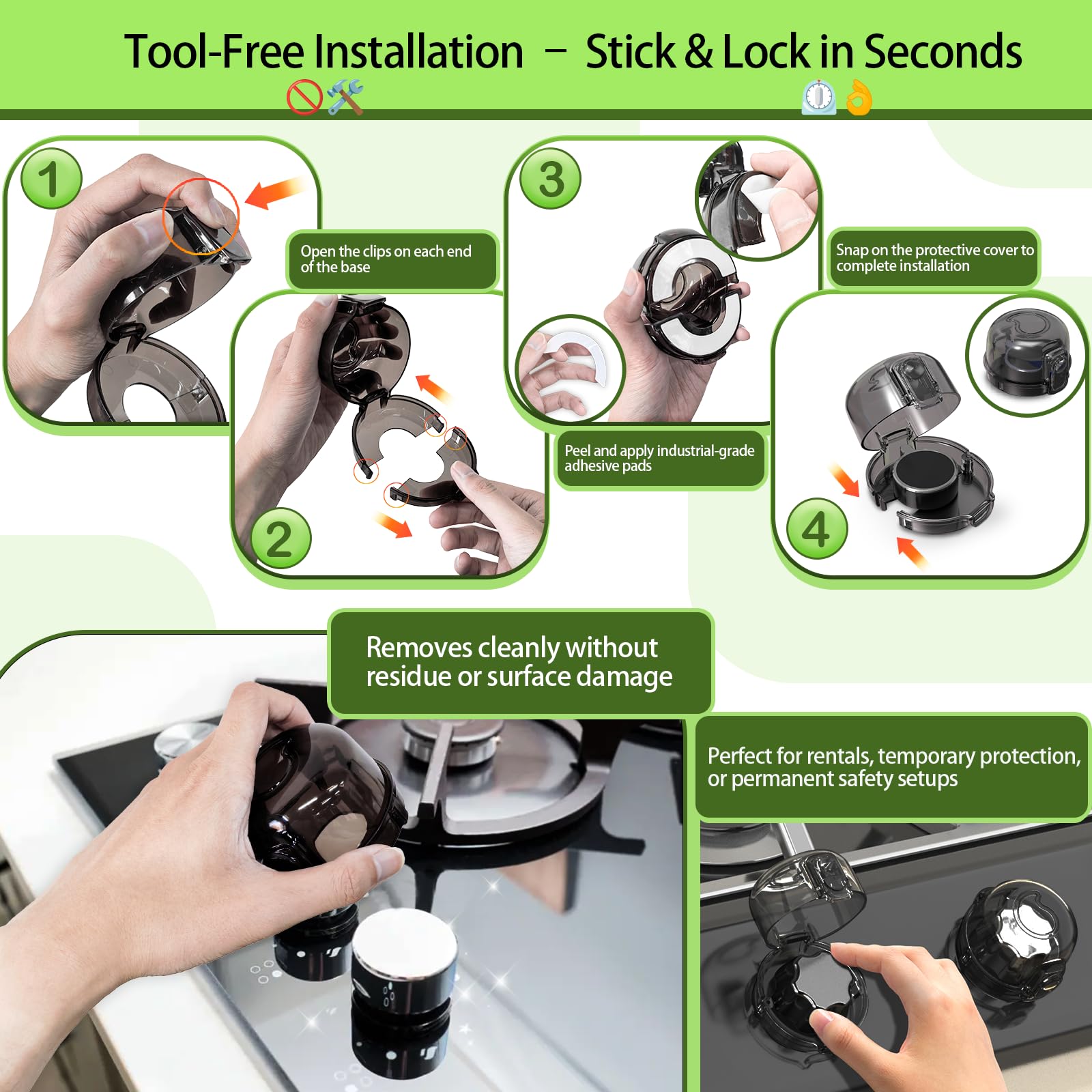 TENGYYY stove knob safety covers installation step highlighting tool-free setup.