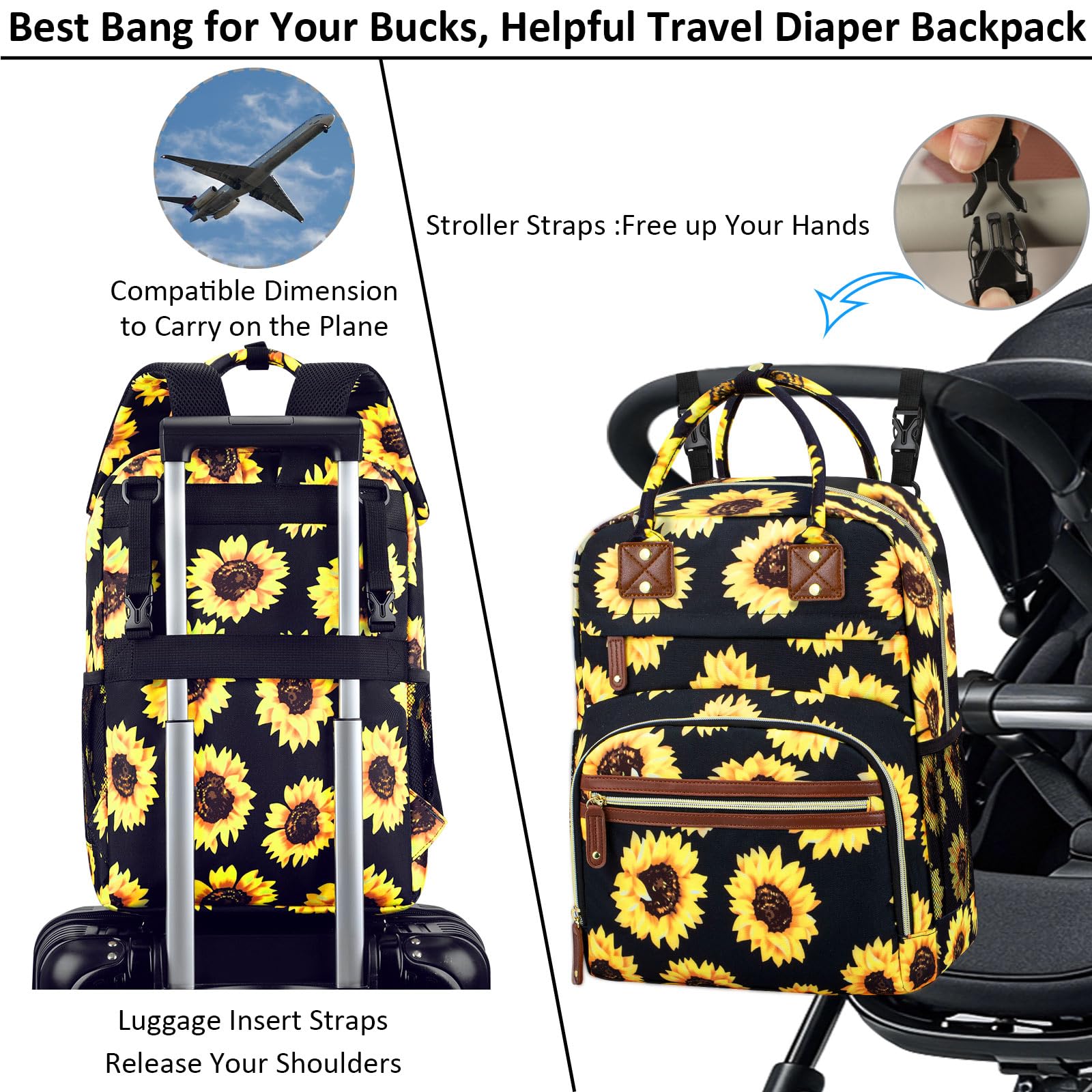 Tenot diaper backpack detachable stroller straps top view illustrates easy stroller integration.