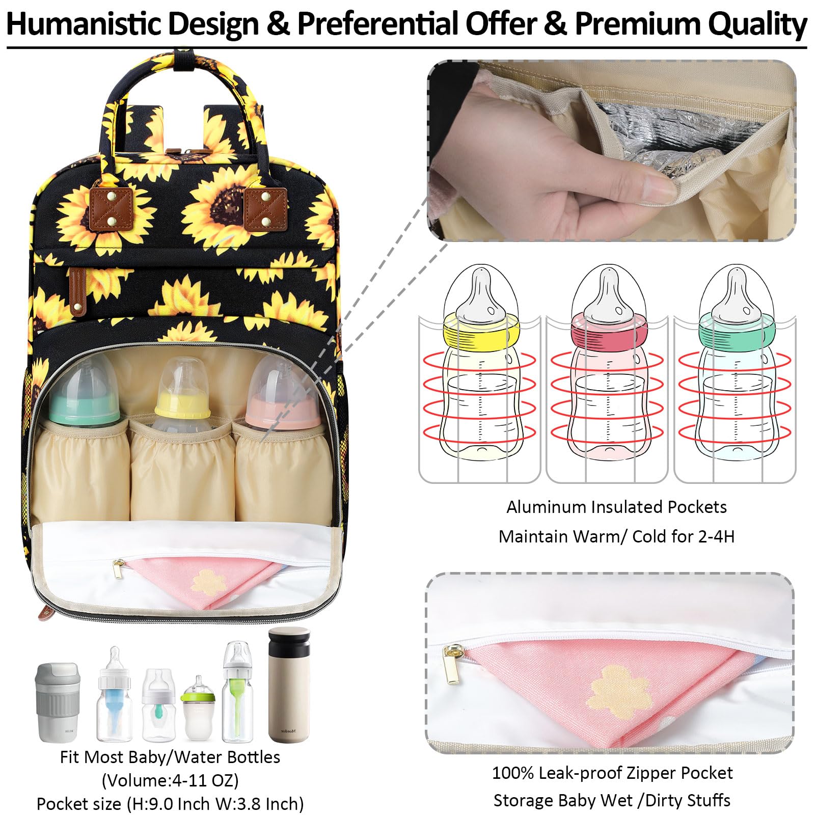 Tenot diaper backpack insulated pockets side view highlights three bottle pockets for temperature control.