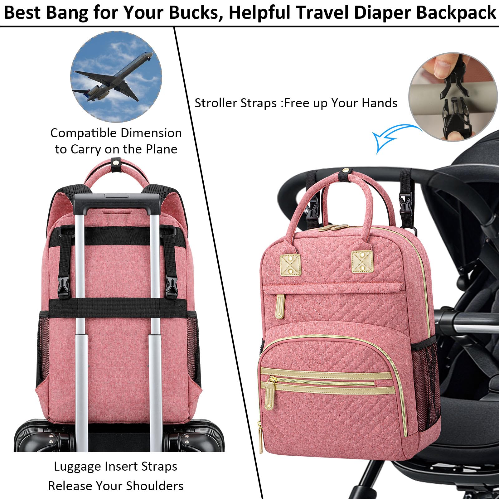 Tenot pink diaper bag shows 10 pockets for organized storage on the go.