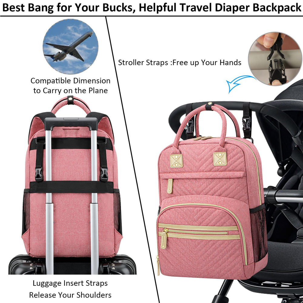 Tenot pink diaper bag shows 10 pockets for organized storage on the go.