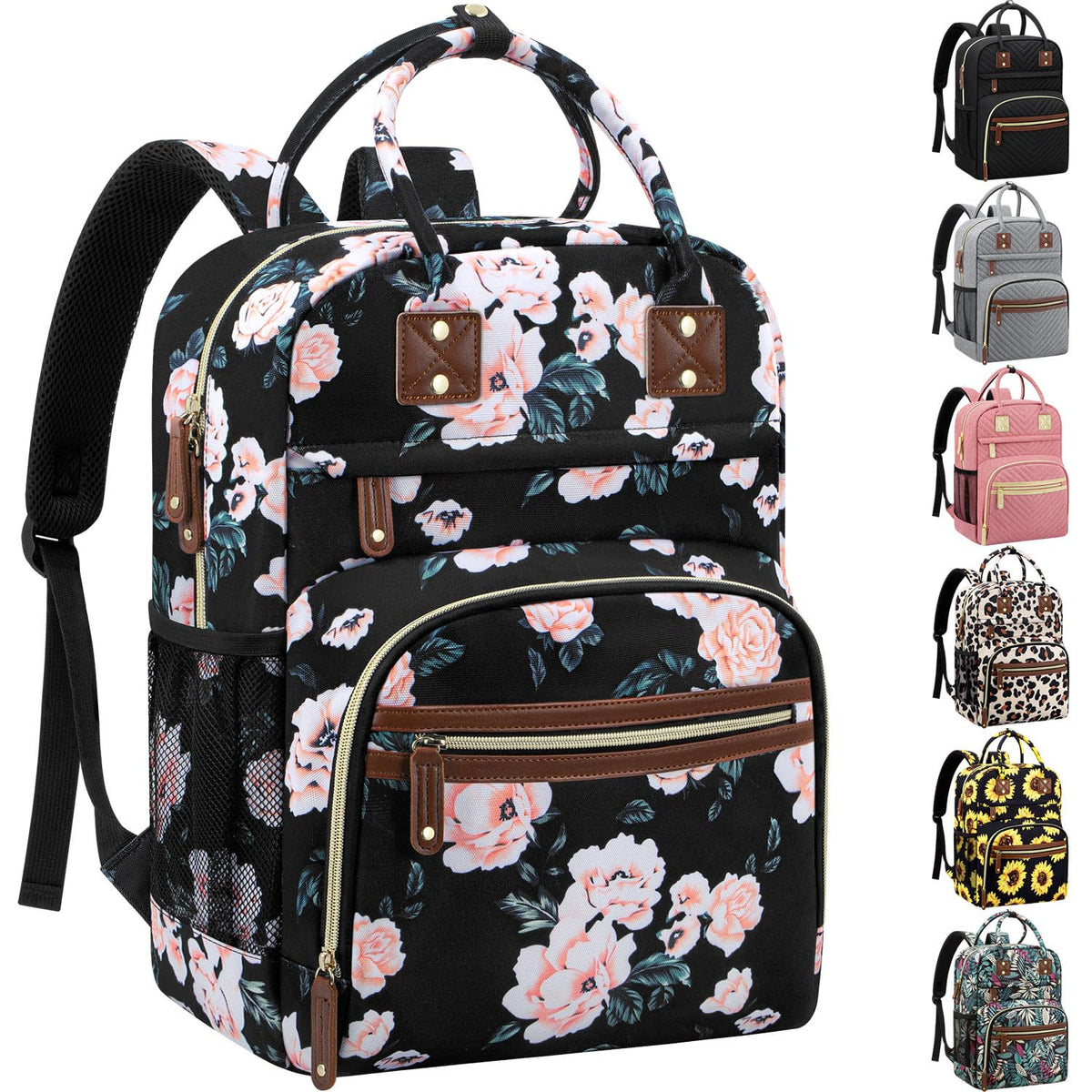 Tenot diaper bag backpack full setup showing spacious main compartment and floral pattern.
