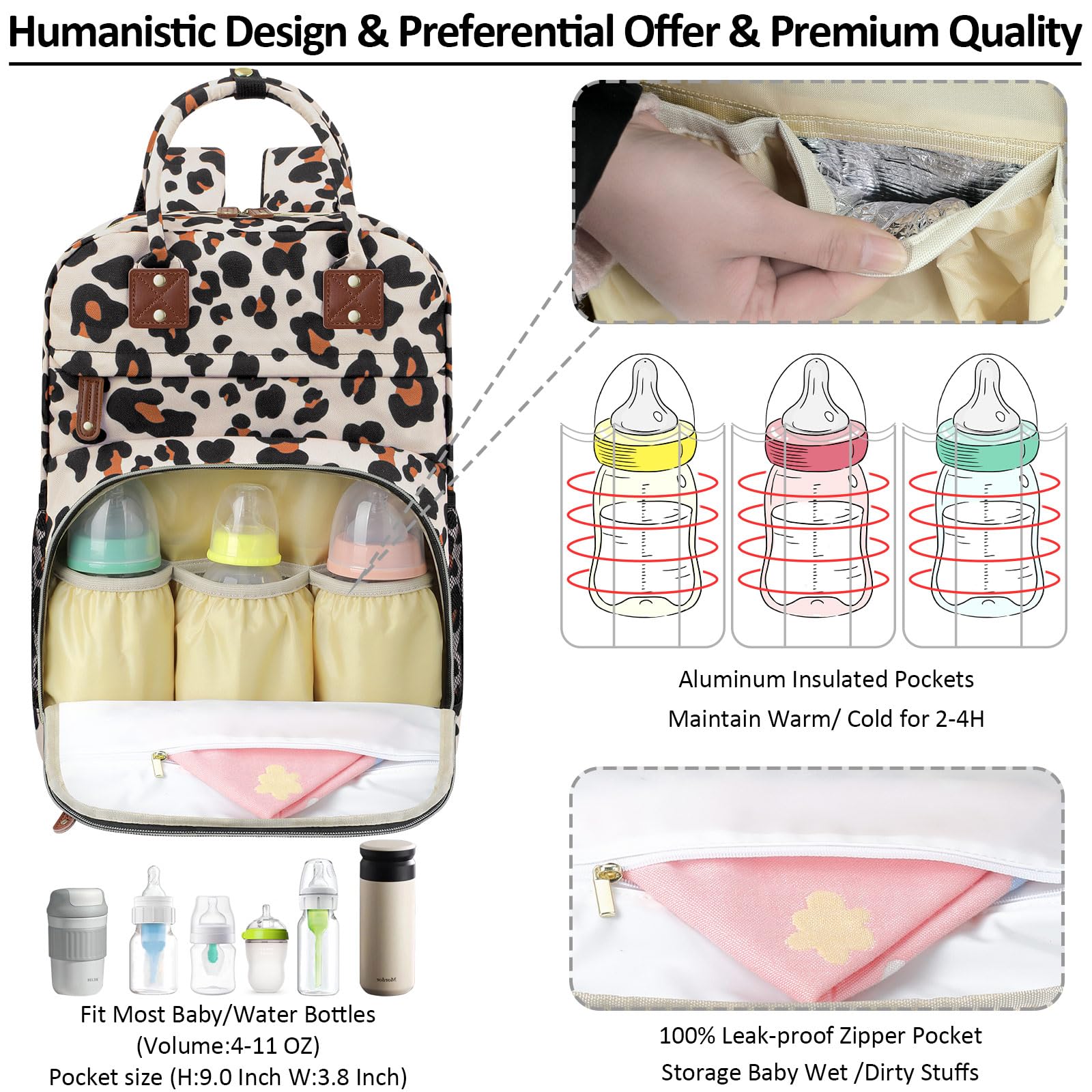 Tenot diaper bag backpack leopard side pocket showcases quick-access wipes and small items