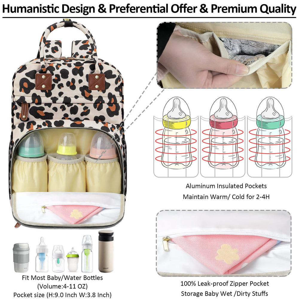Tenot diaper bag backpack leopard side pocket showcases quick-access wipes and small items