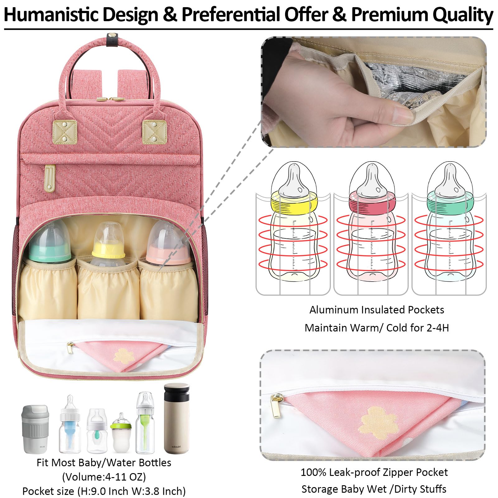 Tenot diaper bag pink with insulated bottle pockets to keep temps on the move.