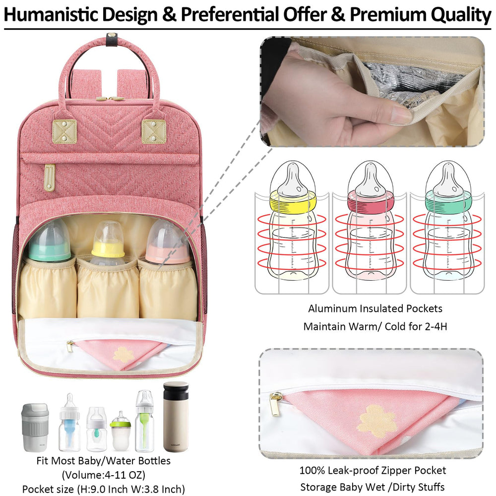 Tenot diaper bag pink with insulated bottle pockets to keep temps on the move.