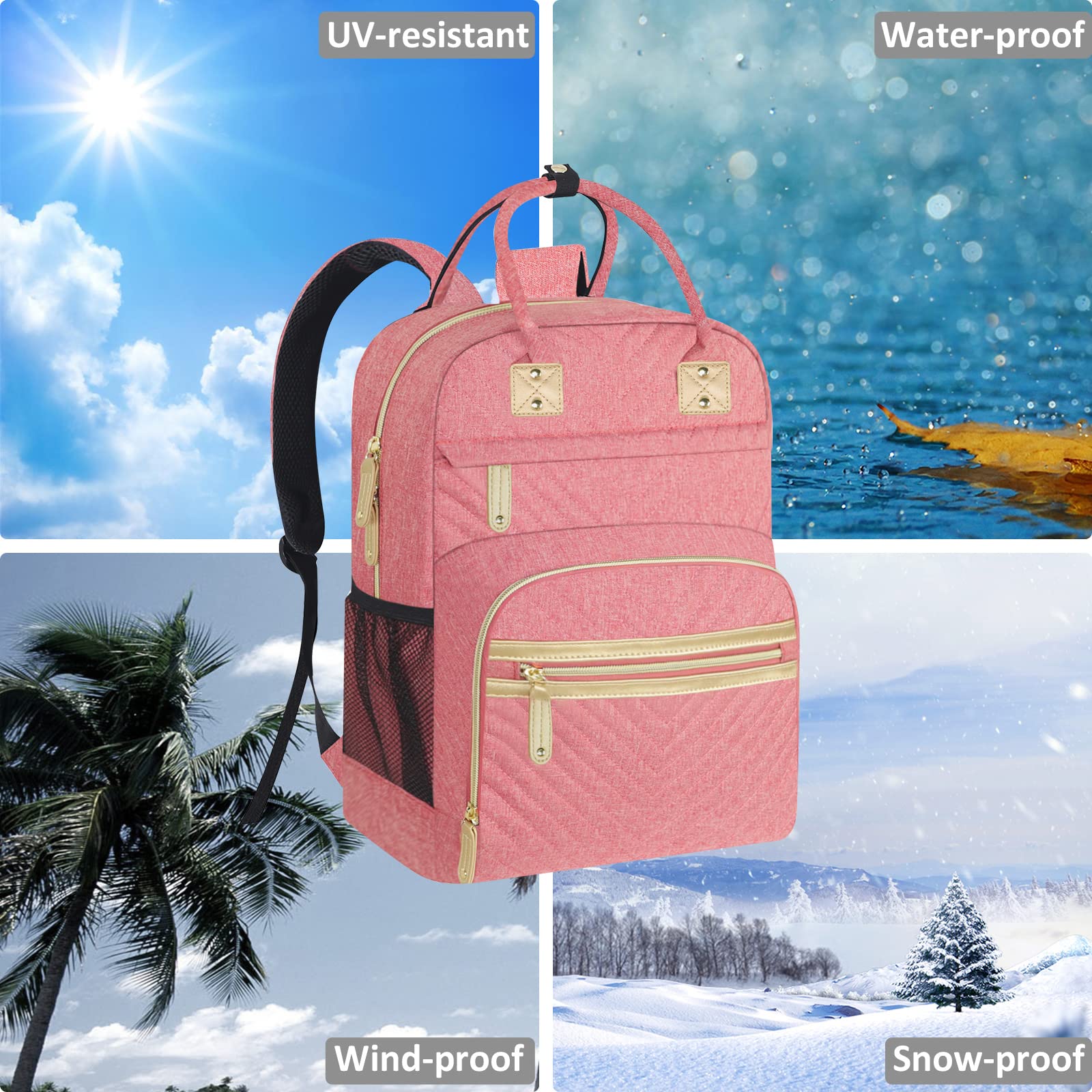 Tenot pink diaper bag features a laptop compartment for work travel.