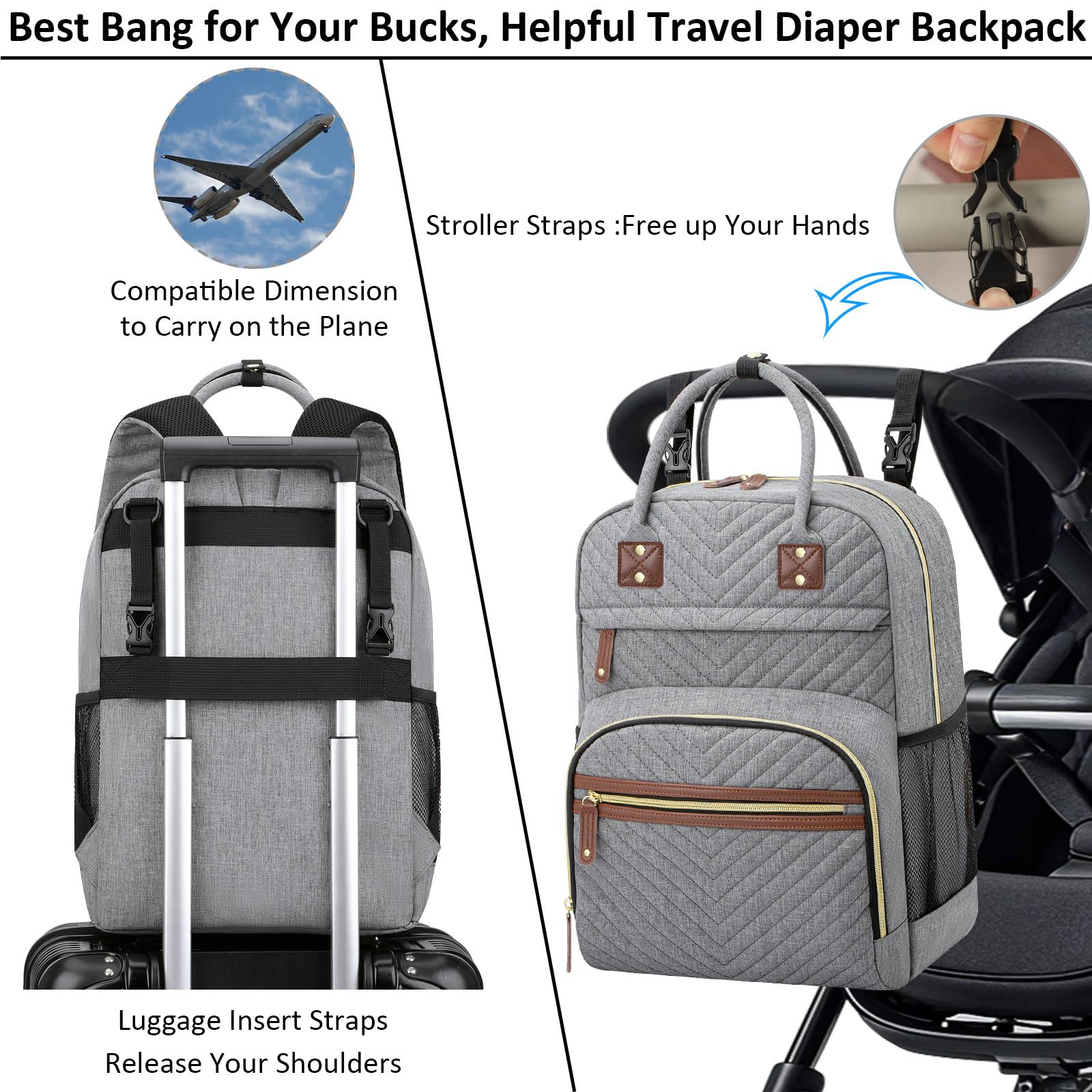 Tenot diaper bag with detachable stroller straps enables hands-free strolling.