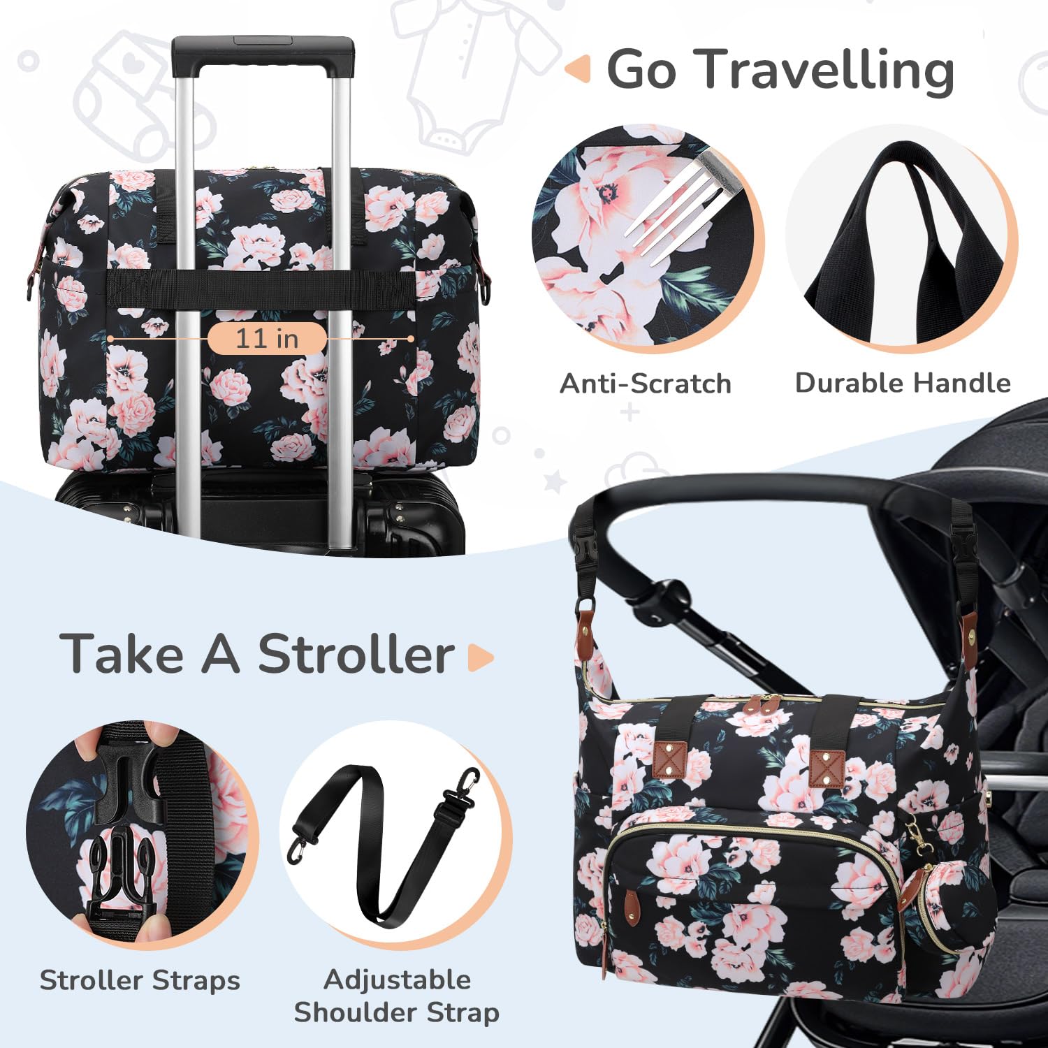 Tenot diaper bag tote convertible design adapts to shoulder or crossbody carry.