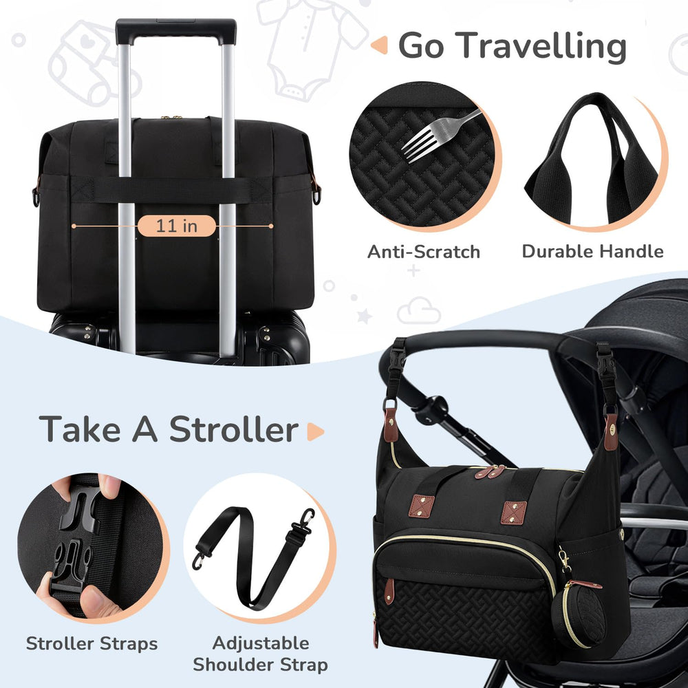 Tenot tote on-pram clip demonstrates hands-free versatility during strolls.