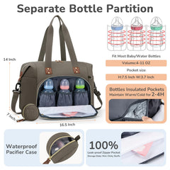 Tenot diaper bag tote side view with pram clip for hands-free strolling.