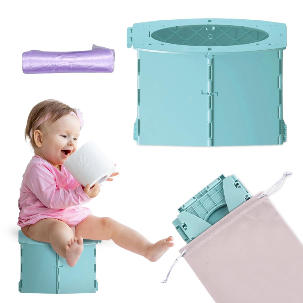 Teo portable travel potty folded for compact storage on trips.