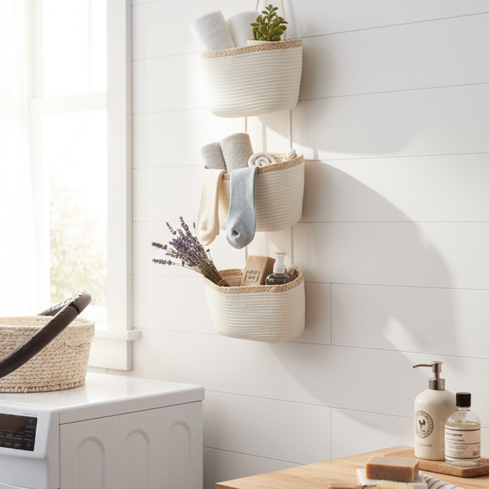 TeoKJ door-hanger baskets folded for space-saving storage when not in use.