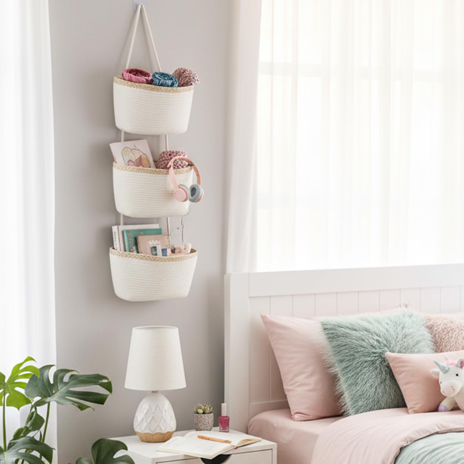 TeoKJ hanging basket in dining room for napkins, chargers, and small items.