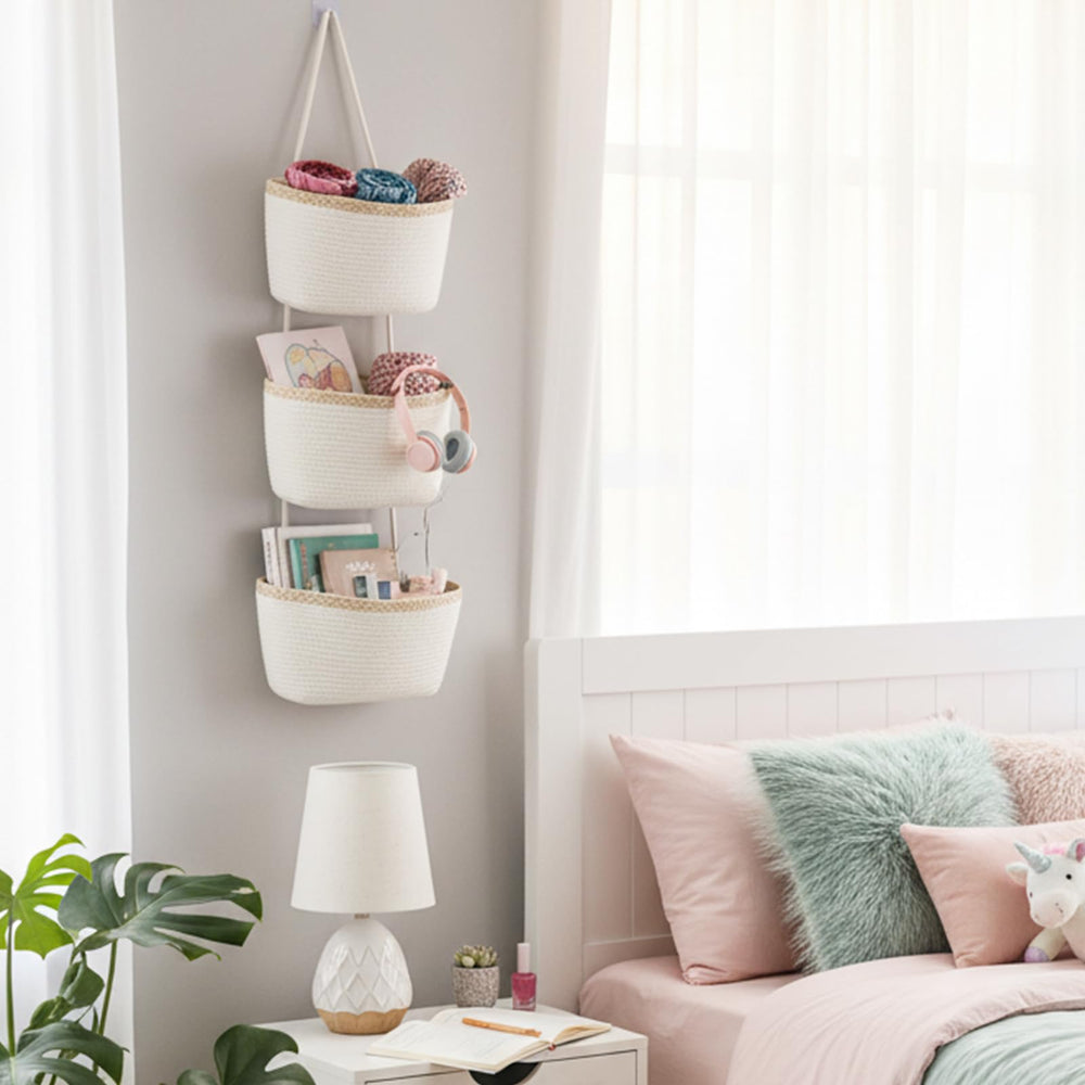 TeoKJ hanging basket in dining room for napkins, chargers, and small items.