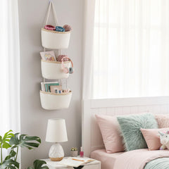 TeoKJ hanging basket in dining room for napkins, chargers, and small items.