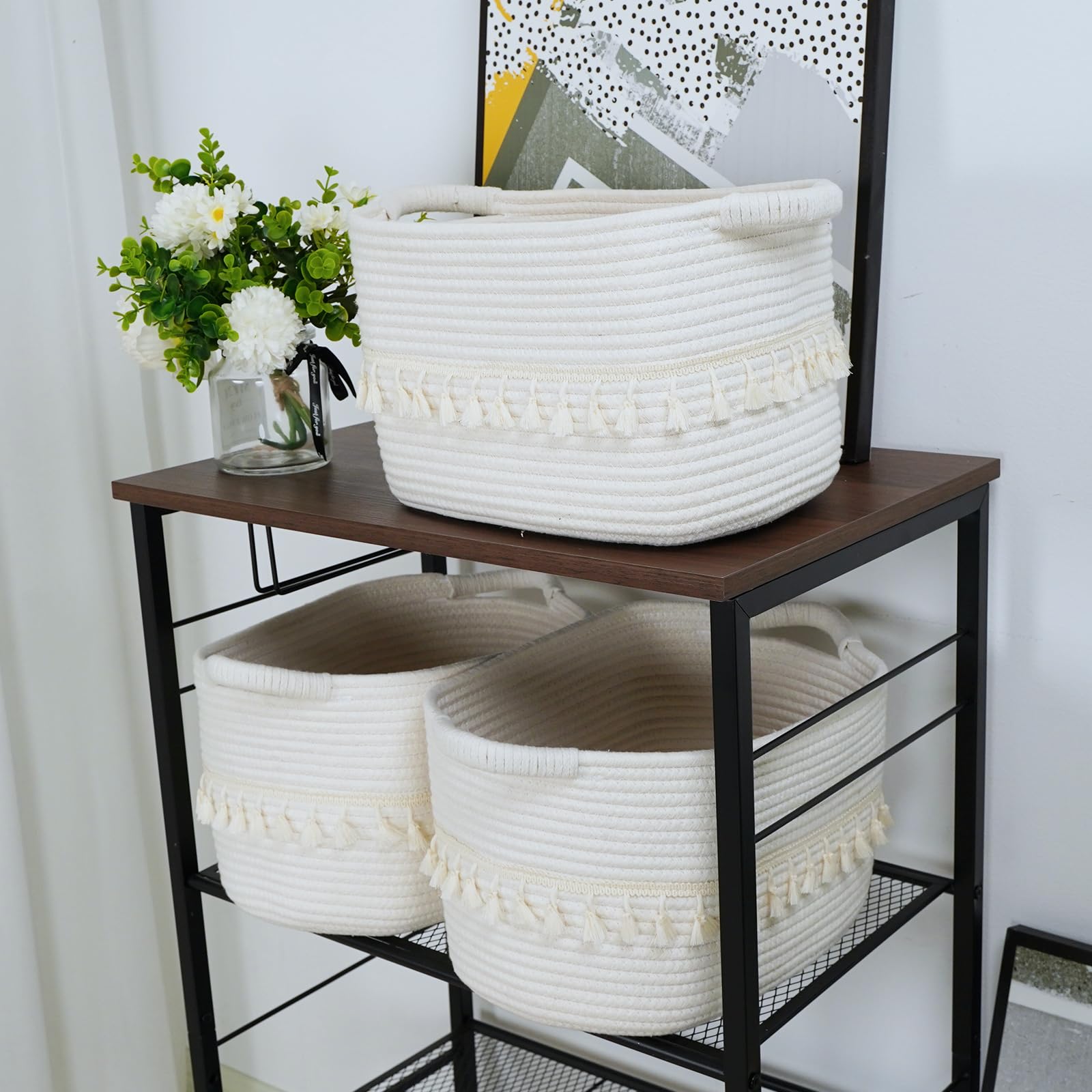 TeoKJ living-room storage using three baskets for cohesive organization.
