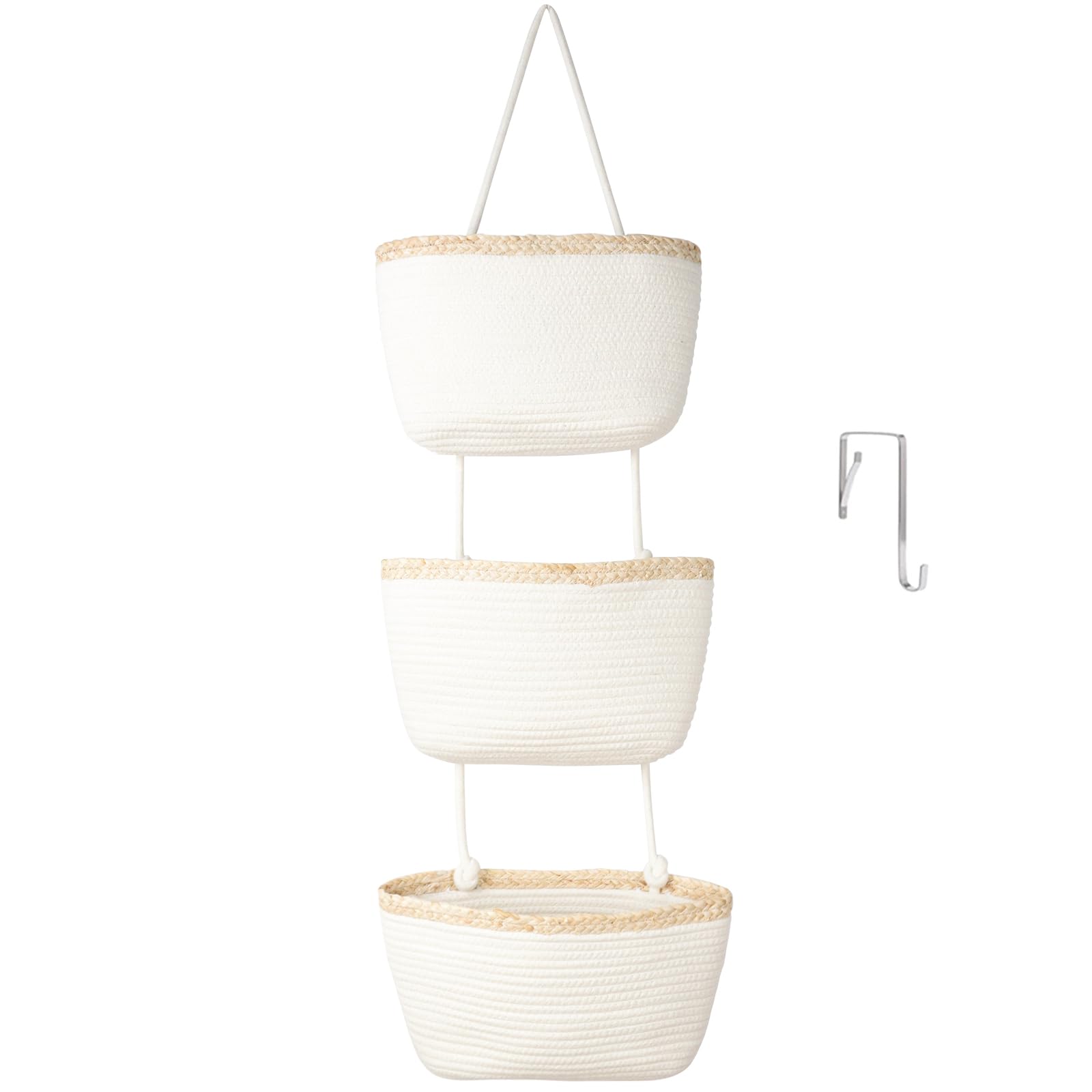 TeoKJ over-the-door 3-tier basket shows woven cotton weave for organized hallway storage.