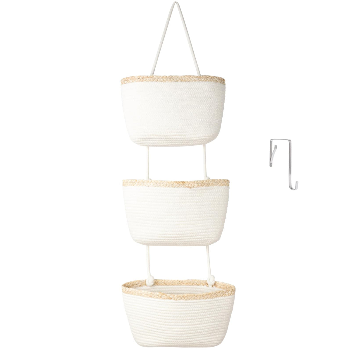 TeoKJ over-the-door 3-tier basket shows woven cotton weave for organized hallway storage.