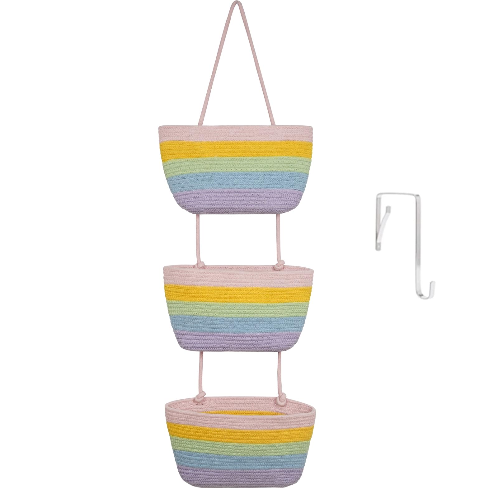 TeoKJ rainbow over-the-door organizer with 3-tier baskets keeps nursery essentials organized.