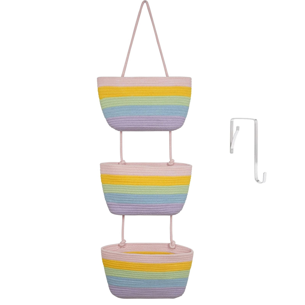 TeoKJ rainbow over-the-door organizer with 3-tier baskets keeps nursery essentials organized.