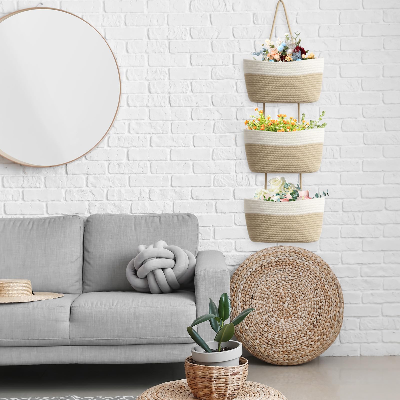 TeoKJ three-tier hanging basket assembly demonstrates spacious compartments for cosmetics, toys, or towels.