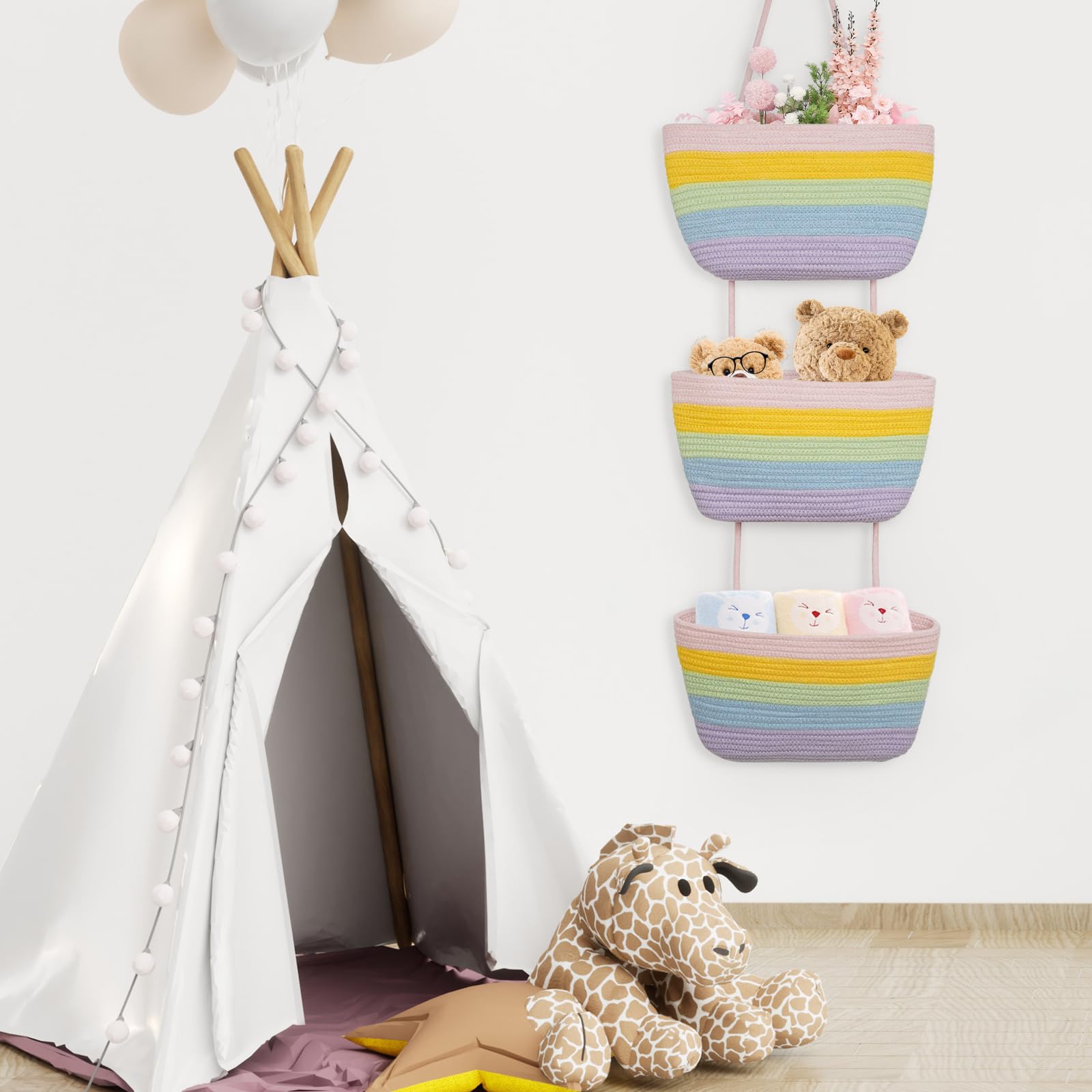 TeoKJ wall-mounted nursery storage baskets add color while organizing small items.