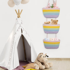 TeoKJ wall-mounted nursery storage baskets add color while organizing small items.
