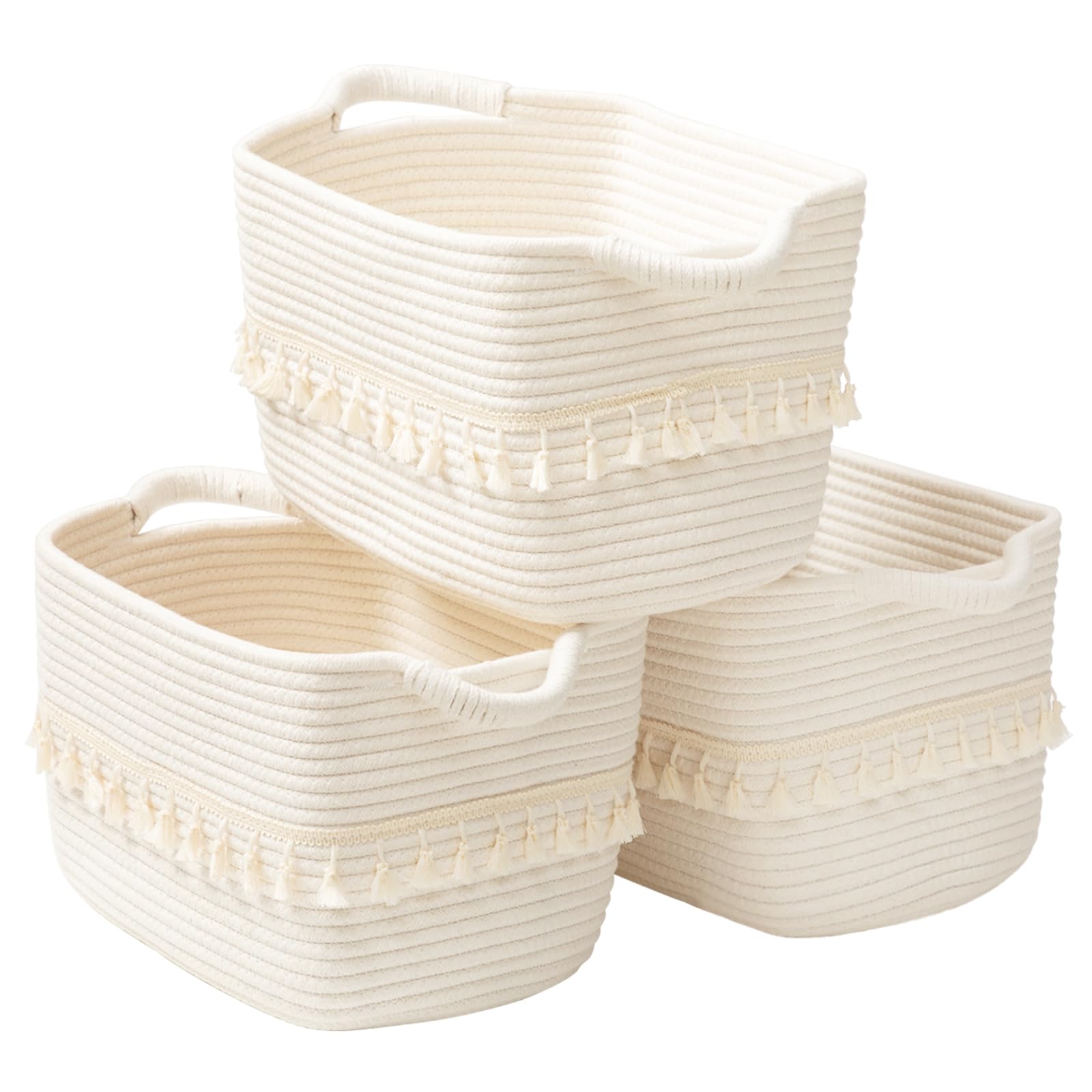 TeoKJ white cotton rope basket set of 3 on shelf for organized living room.